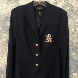 Lauren Ralph Lauren Navy Monogram Blazer 100% Wool New with Tags Size 8